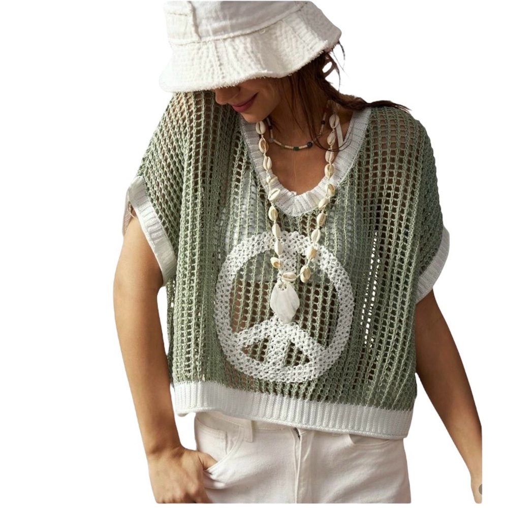 Open Crochet Oversized Peace Sign Shirt Women's Green Knit Top New w/ Tags Sz L - Picture 12 of 16